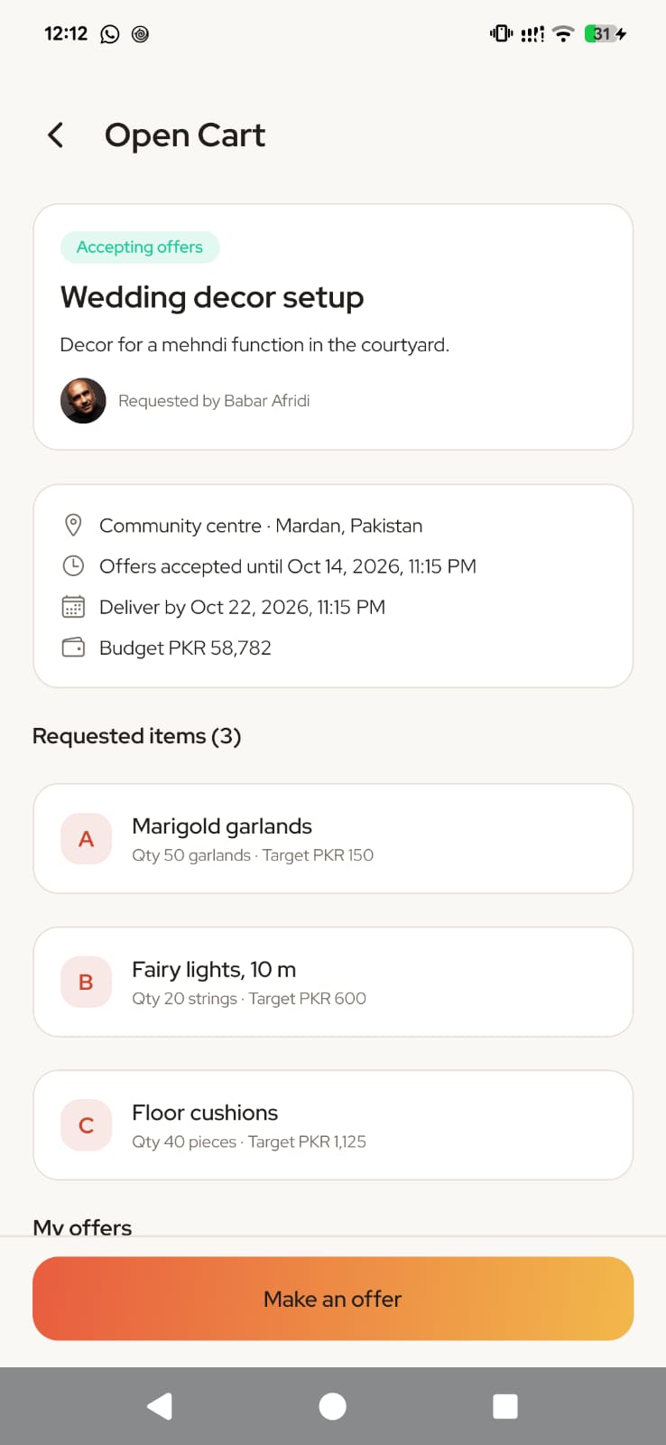 Joyn Open Cart request and merchant offer action
